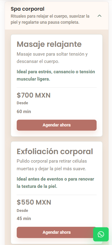 Vista de precios para catálogo de spa